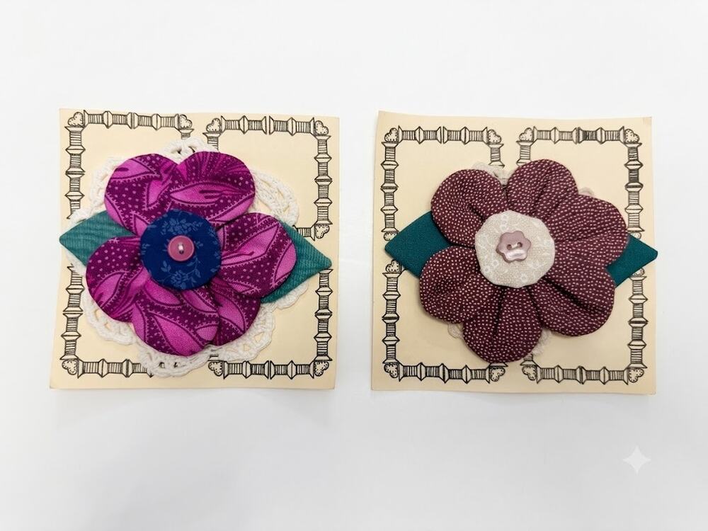 Vintage Fabric and Crochet Flower Pins - Set of 2 Handmade Cloth Brooches